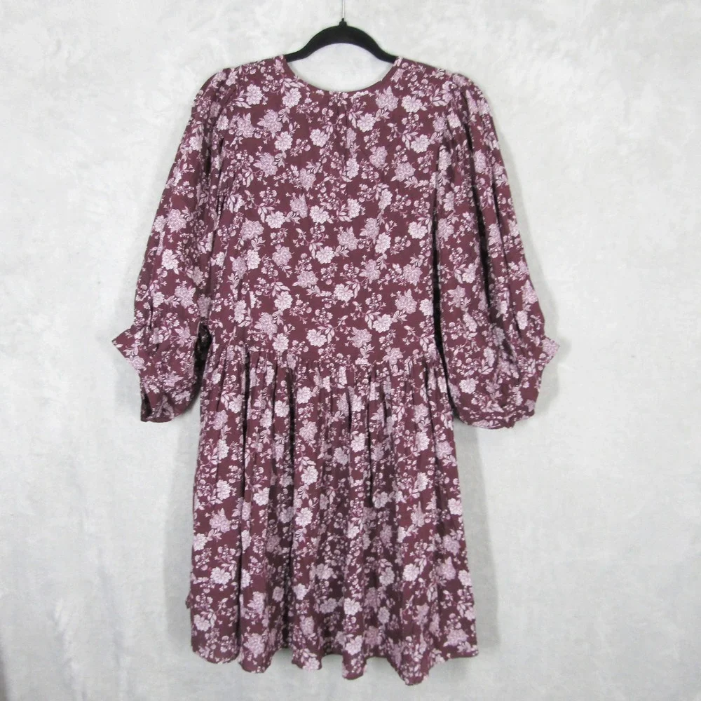 Madewell Floral Splitneck Puff Sleeve Babydoll Dress Medium Burgundy Purple